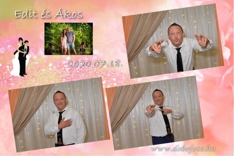 Selfiebox bérlés esküvőre. Esküvöi selfiebox fotócsík Edit és Ákos nagy napjáról. Egy elegáns öltönyös férfi vidám pózokban áll a csillogó fényfüggöny előtti fotóháttér előtt. A rózsaszín esküvői design és az esemény dátuma kiemeli a különleges pillanatokat. A fotóautomata tökéletes választás menyegzőkre, lakodalmakra és családi ünnepségekre, hogy minden vendég egyedi és szórakoztató emléket vihessen haza.