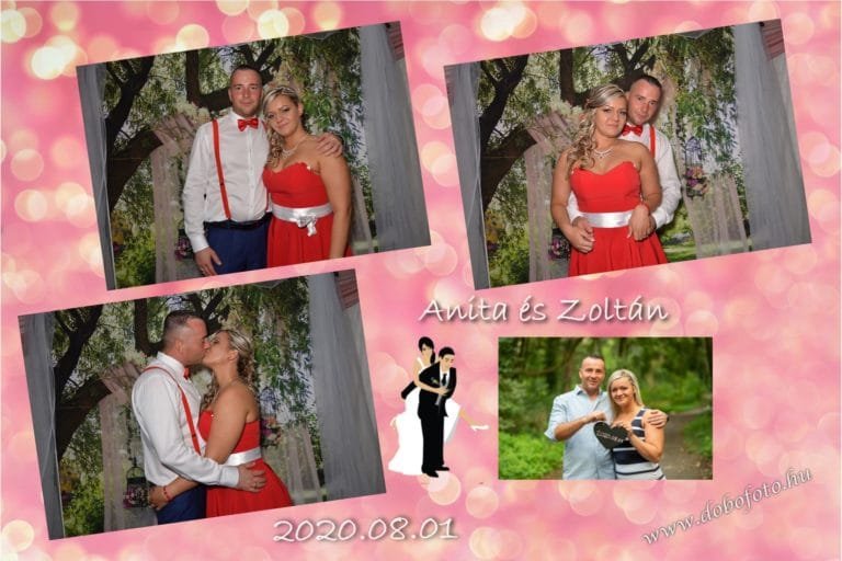 Selfiebox bérlés. Esküvői selfiebox fotók romantikus virágos háttérrel, elegáns ruhába öltözött párral. A menyasszony piros ruhában, a vőlegény fehér ingben és piros csokornyakkendőben mosolyogva pózol a fotóautomata előtt. A kép hangulata meghitt és vidám, tökéletes emlék egy esküvőről. A fotóbox cég kiváló választás esküvőkre, születésnapi bulikra, rendezvényekre és egyéb ünnepi alkalmakra, hogy minden pillanat örök emlékké váljon.