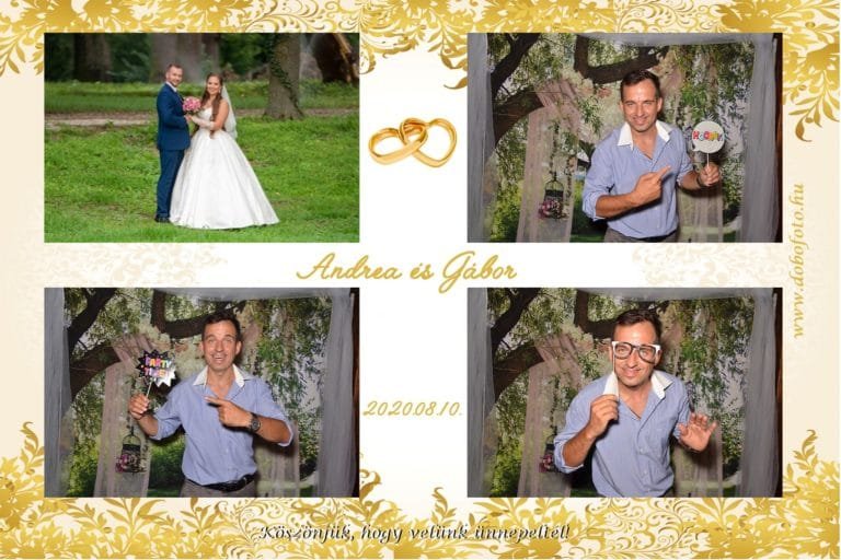 Elegáns esküvői fotóbox képek arany kerettel. A menyasszony és vőlegény romantikus pillanatait egy kreatív selfiebox élmény egészíti ki. Egy vendég vidám kellékekkel pózol a fotóautomata előtt, amely tökéletes szórakozást nyújt lakodalmakra, születésnapi partikra, vállalati rendezvényekre és egyéb ünnepi alkalmakra.