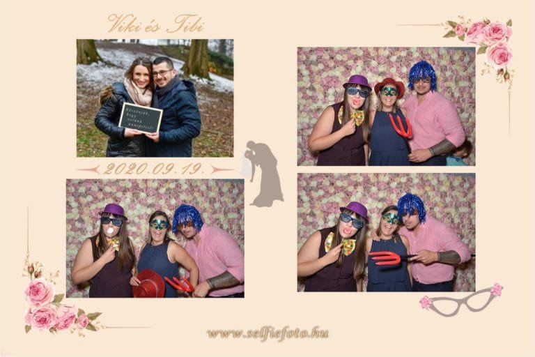 SelfieBox bérlés. Négyrészes fotókollázs vintage rózsaszín keretben: felül egy téli jegyesfotó havas parkban, ahol a pár télikabátban egy táblát tart, alatta három vicces csoportkép virágos fotófal előtt, ahol a vendégek lila kalapban, kék parókában és mókás szemüvegekben pózolnak. A kollázst rózsaszín rózsák díszítik, és egy vintage szemüveg motívum, valamint fotós sziluett és webes elérhetőség egészíti ki.