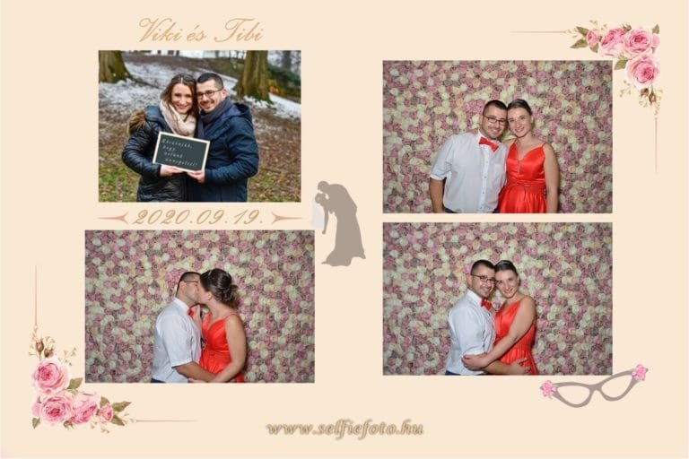 Négyes fotókollázs rózsaszín virágos keretben: felül egy téli jegyesfotó, ahol a pár kabátban tart egy táblát, alatta három romantikus kép virágos háttérfal előtt, ahol a menyasszony piros alkalmi ruhában, a vőlegény fehér ingben és piros csokornyakkendőben pózol. A képet rózsaszín rózsák díszítik a sarkokon, és egy vintage szemüveg motívum látható az alsó sarokban.