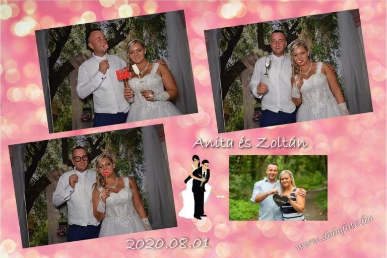 Négyrészes esküvői fotókollázs rózsaszín bokeh háttérrel: három fotóautomata kép zöld lombos háttér előtt, ahol a pár fehér esküvői ruhában és mellényben, kék nadrágban különböző kellékekkel - piros szívvel és pezsgős pohárral - pózol.