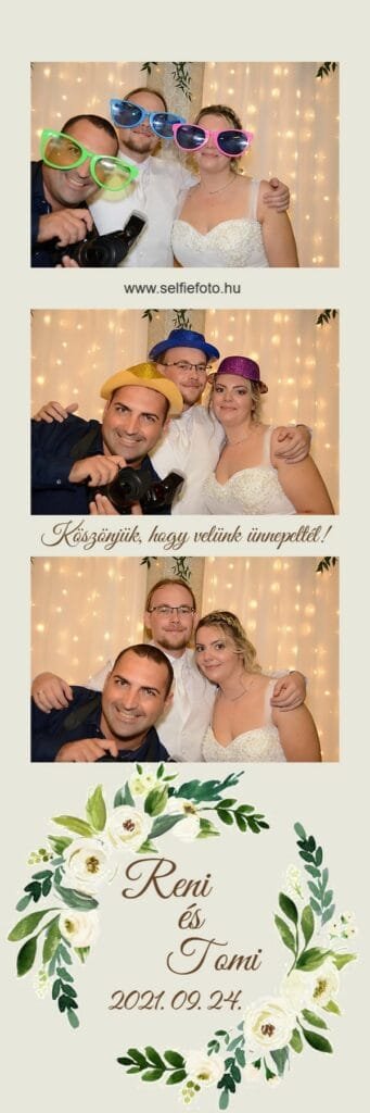 Esküvői selfiebox vidám pillanatai, ahol egy menyasszony és vőlegény barátaikkal együtt vicces kiegészítőkben pózolnak. Színes óriás napszemüvegek, bohókás kalapok és ragyogó fényfüzérrel díszített háttér teszi felejthetetlenné a képeket. Ideális fotóbox esküvőkre, exkluzív partikra, céges eseményekre és születésnapokra.