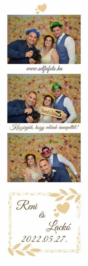 Fotóautomata esküvőkre, céges rendezvényekre, évfordulókra és születésnapokra. Esküvöi selfiebox képsorozat virágos háttér előtt. Az első képen a menyasszony és a vőlegény egy fotóssal pózolnak színes vicces kalapokban. A második képen egy esküvői feliratú táblát tartanak, majd mosolyognak. A harmadik képen a pár és a fotós vidám kiegészítőkkel, mókás szemüvegekben pózolnak.