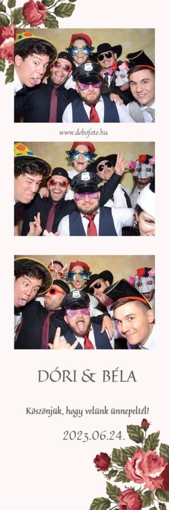Esküvői selfiebox bérlés Debrecen. Esküvői selfiebox képsorozat, amelyen egy vidám baráti társaság színes, bohókás kiegészítőkkel és vicces kellékekkel pózol. A képeken különféle kalapok, napszemüvegek és álarcok teszik még szórakoztatóbbá a hangulatot. A fotóbox cég tökéletes választás esküvőkre, bulikra és születésnapi rendezvényekre, hogy felejthetetlen és humoros emlékek szülessenek.
