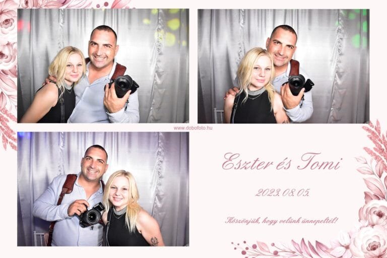 Esküvői selfiebox montázs, ahol egy profi fotós és egy elegánsan öltözött vendég együtt pózol a kamera előtt. Az első képen a fotós átkarolja a hölgyet, miközben mosolyogva tartja a fényképezőgépét.