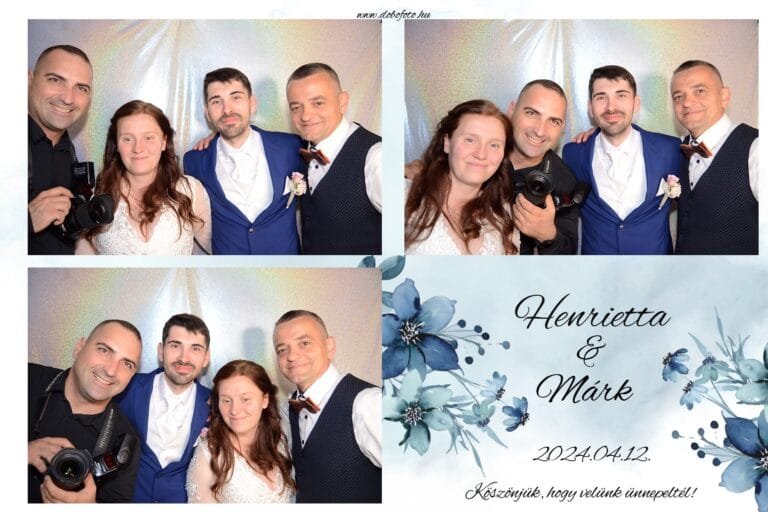 Fotobox bérlés - Színes fotóautomata montázs egy esküvői rendezvényről, ahol az ifjú pár és barátaik közösen pózolnak a selfiebox előtt. Az első képen a menyasszony és a vőlegény mosolyogva állnak két vendég között, egyikük fényképezőgépet tart a kezében. A második képen még közelebb húzódnak egymáshoz, baráti hangulatban. A harmadik képen továbbra is boldogan és felszabadultan mosolyognak a kamera előtt. A háttér holografikus fényű dekorációval csillog, amely kiemeli az ünnepi hangulatot. A fotóbox tökéletes választás esküvőkre, családi rendezvényekre és baráti összejövetelekre, hogy minden vendég emlékezetes és szórakoztató fotókat készíthessen.