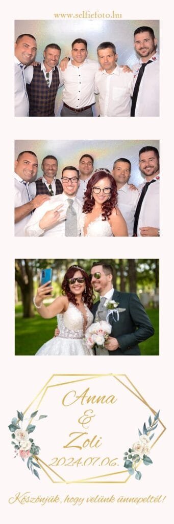 Színes fotóautomata képsorozat egy esküvői rendezvényről, ahol egy baráti társaság vidám hangulatban pózol a selfiebox előtt. Az első képen elegánsan öltözött férfiak állnak egymás mellett mosolyogva, míg a második képen a menyasszony is csatlakozik hozzájuk, napszemüveget viselve és vicces pózokkal feldobva a hangulatot. Az alsó kép egy romantikus szabadtéri pillanatot mutat, ahol a menyasszony és a vőlegény közösen készítenek egy szelfit a nagy nap emlékére. A selfiebox bérlés ideális választás esküvőkre, céges bulikra, baráti összejövetelekre és évfordulókra, hogy minden vendég felejthetetlen és kreatív fotókkal térhessen haza.
