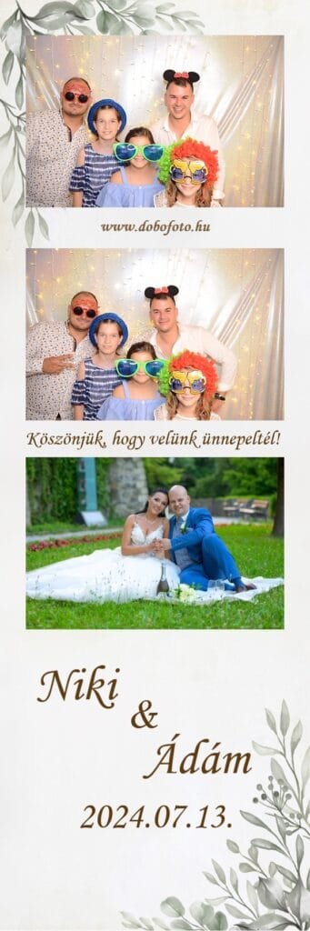 Színes fotóbox képsorozat esküvői rendezvényről, ahol egy család vidám kiegészítőkkel pózol a kamera előtt. A hátteret meleg fényfüzérek díszítik, fokozva az ünnepi hangulatot. Az alsó kép egy romantikus esküvői pillanatot mutat, ahol a menyasszony és a vőlegény a zöld kertben összebújva mosolyognak. A fotóautomata bérlés tökéletes választás esküvői partykra, családi összejövetelekre és céges rendezvényekre, hogy a vendégek kreatív és egyedi emlékeket vihessenek haza.