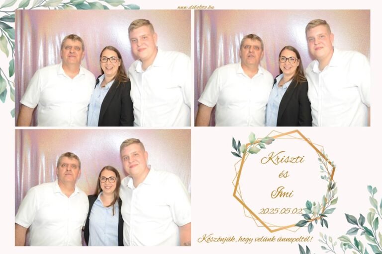 Fotóautomata által készült kép bulin, ahol vendégek vicces kiegészítőkkel pózolnak.