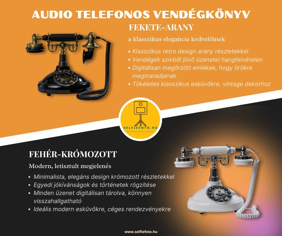 Kétféle audio telefonos vendégkönyv: fekete-arany klasszikus retro telefon és fehér-krómozott modern telefon, részletes leírással esküvői és rendezvény használatra.