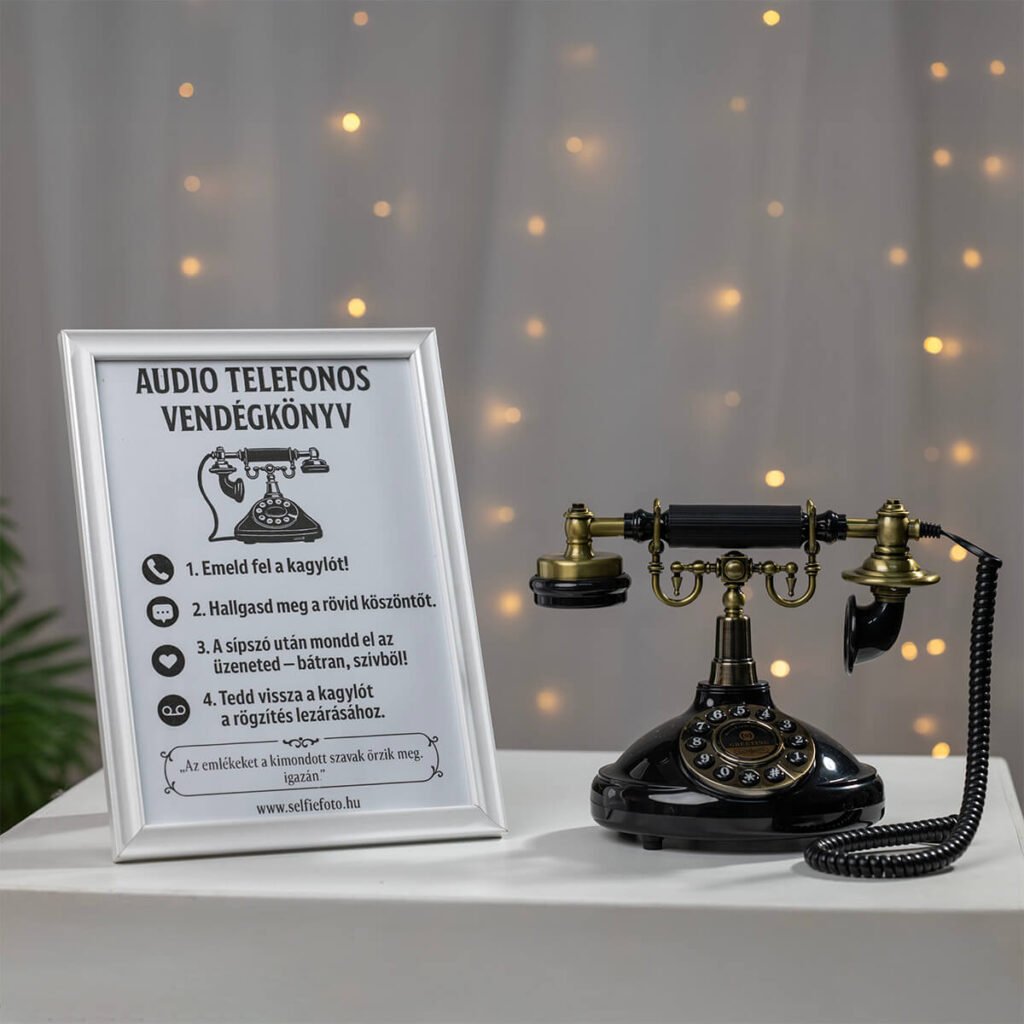 Fekete retro stílusú audio telefonos vendégkönyv arany részletekkel, használati útmutató táblával, bokeh fényekkel a háttérben.