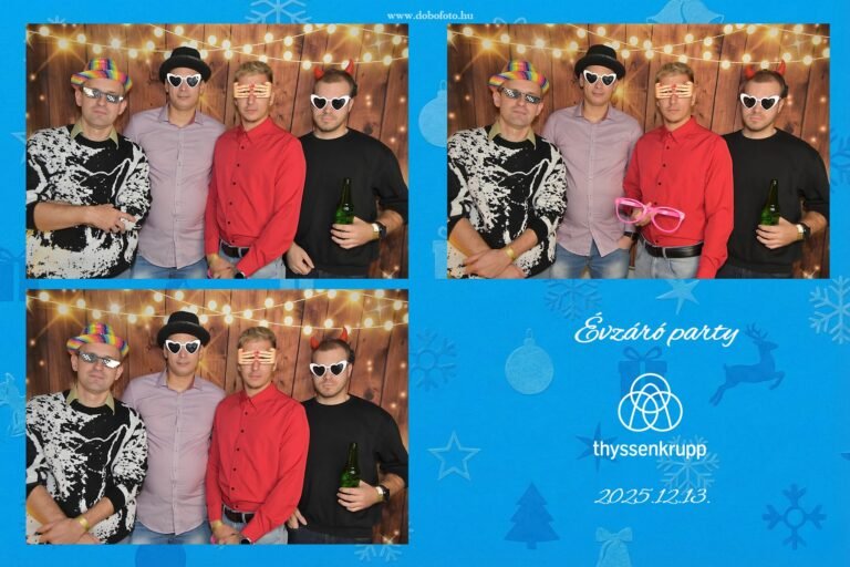 Céges évzáró partyra bérelhető rendezvényfotó automata férfi csoportképekkel, vintage fényfüzéres háttérrel, vicces szemüveges kellékekkel és egyedi céges arculattal