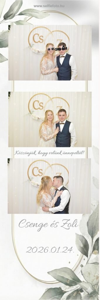Esküvői selfiebox bérlés romantikus páros fotókkal, elegáns fehér háttérrel, vidám szemüveges kellékekkel és személyre szabott esküvői emlékképpel