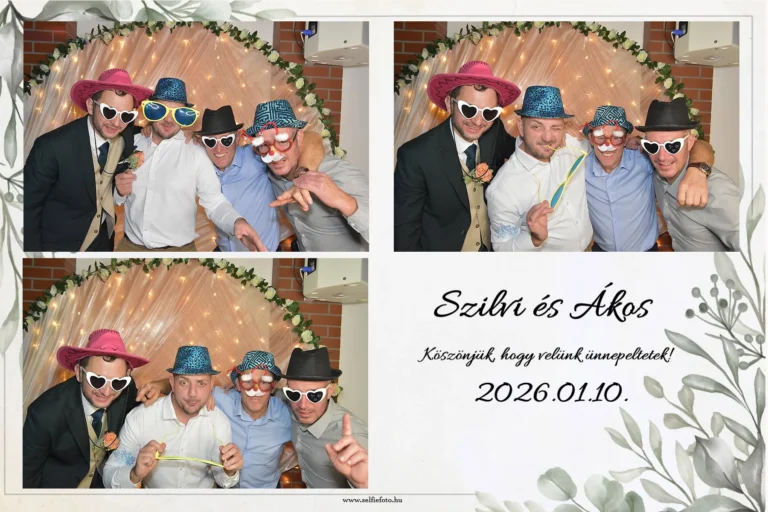 Selfiebox bérlés 2026 – téli esküvő: egyedi keretes fotónyomat vicces kellékes vendégfotókkal